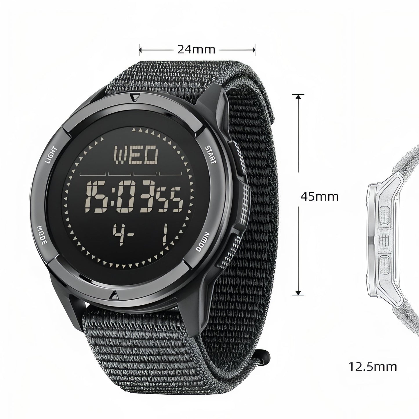 Montre Digitale Randonnée en Carbone guide des dimensions - Vert Olive - Noir et Gris