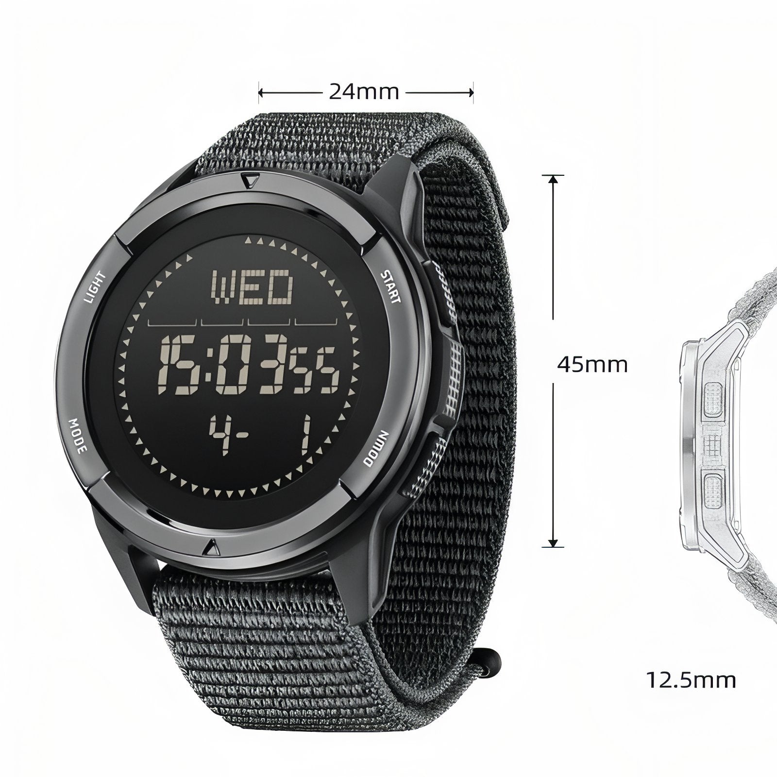 Montre Digitale Randonnée en Carbone guide des dimensions - Vert Olive - Noir et Gris
