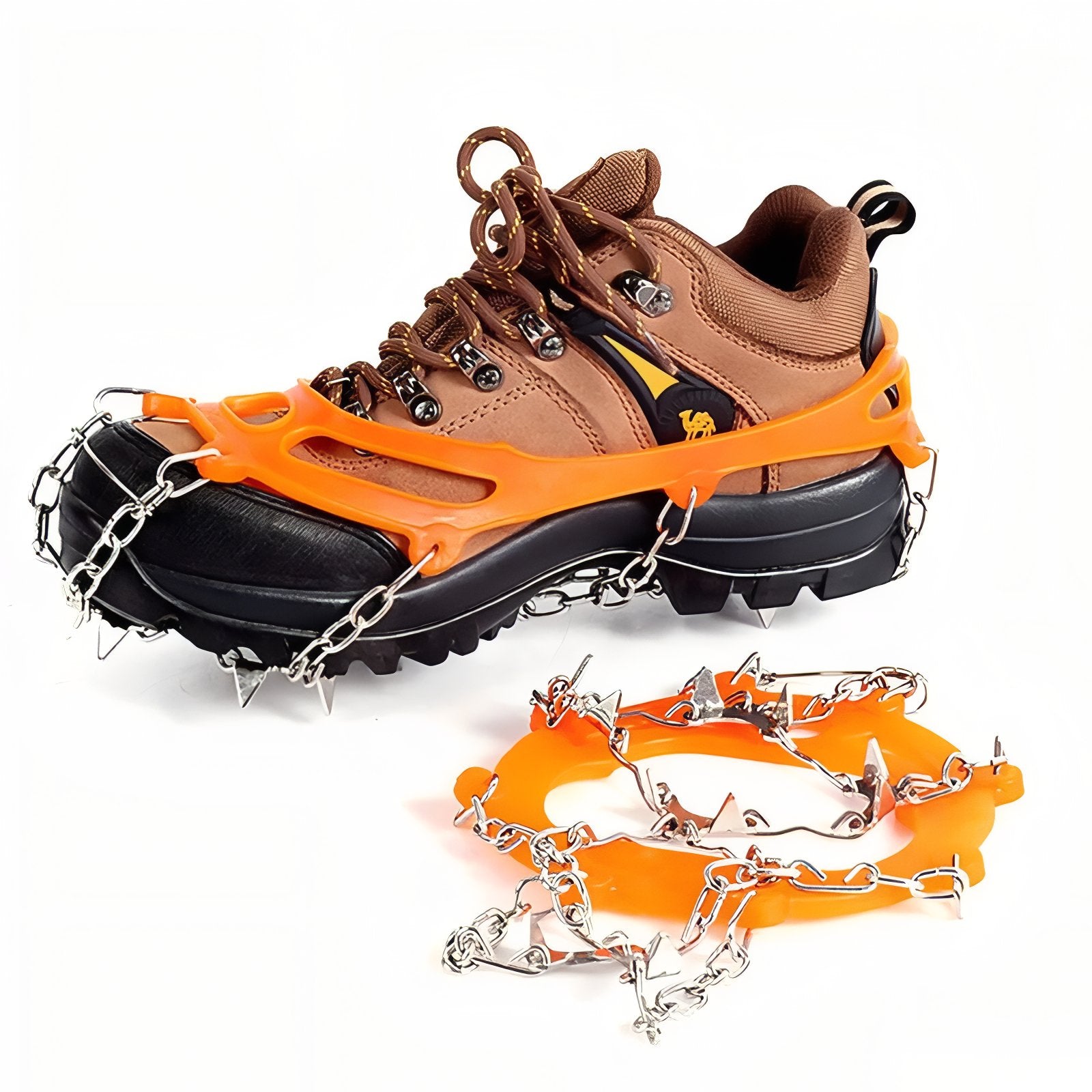 Crampons Pour Randonnée Hiver 10 Dents mise en situation chaussure - Orange