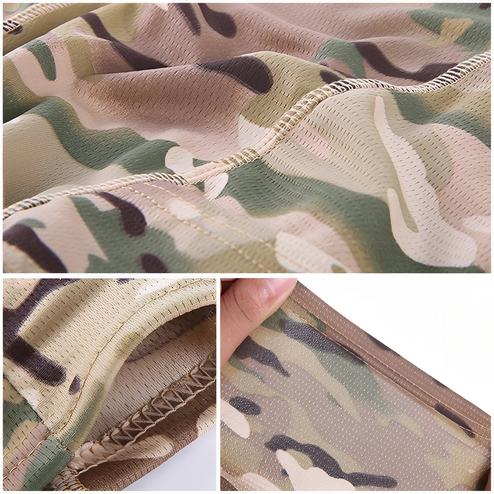 Cagoule Camouflage Militaire gros plan couture - Noir Mat - Vert Foncé Camouflage - Gris Camouflage - Marron et Vert - Vert Olive et Gris Foncé - Beige Désert - Vert Clair Militaire - Beige et Marron Militaire - Vert Olive - Vert Clair Camouflage - Vert Olive et Marron Foncé - Marron et Vert Militaire - Taupe Camouflage - Gris Anthracite - Vert Clair - Beige et Vert - Blanc Pur - Bleu Marine - Vert Camouflage et Marron Camouflage - Noir et Gris Camouflage - Beige Sable - Noir - Blanc Camouflage