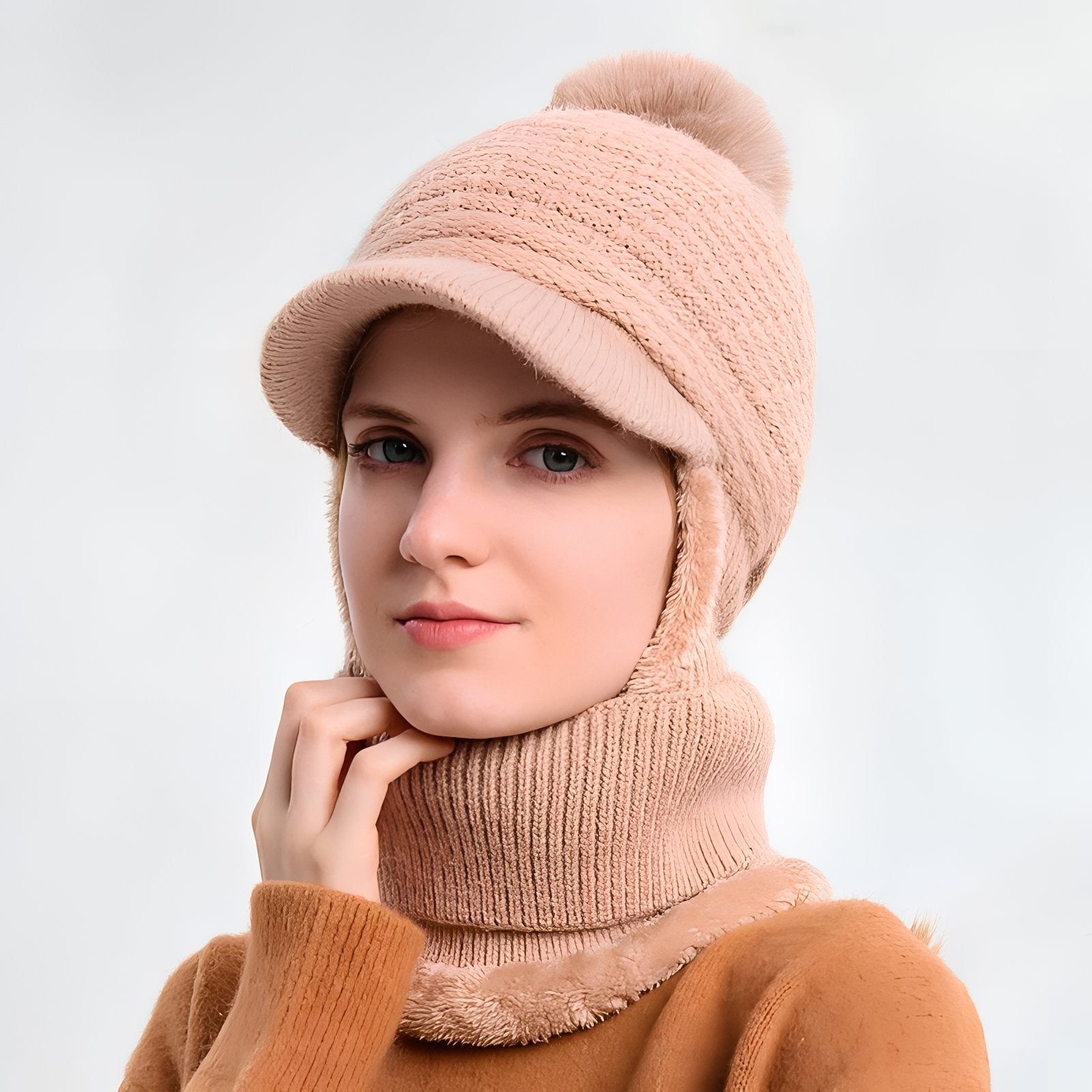 Bonnet Casquette Echarpe portée à la main - Violet Pâle - Rose Poudré - Gris Clair - Taupe - Beige Crème - Blanc - Noir