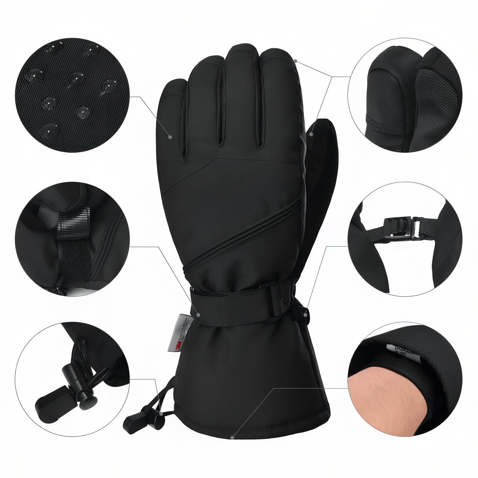 Gants Pour Ski de Randonnée gros plan fermeture zippée - Blanc et Noir - Gris et Noir - Noir Ébène
