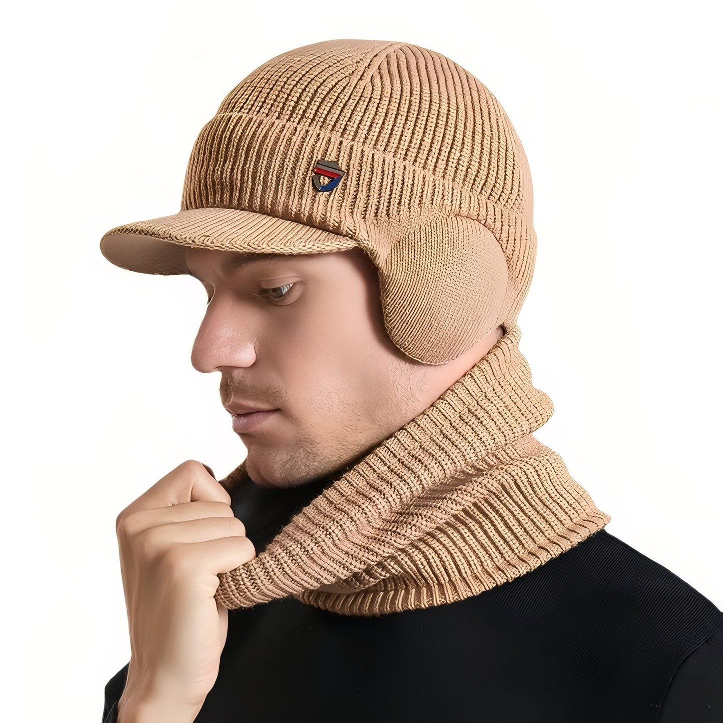 Casquette Cagoule Hiver Homme portée à la main - Noir Tâcheté - Bleu - Bleu Marine - Noir Uni - Gris Foncé - Gris Clair - Beige