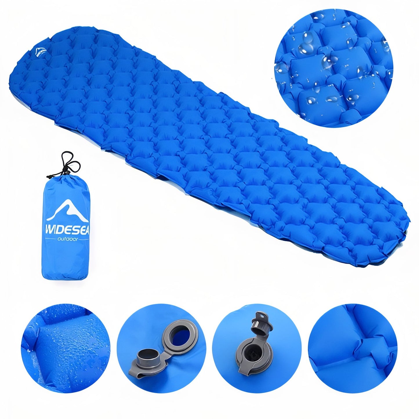 Matelas Gonflable 1 Personne Randonnée gros plan valve - Bleu Ciel - Vert Foncé - Orange Fluo - Bleu Marine