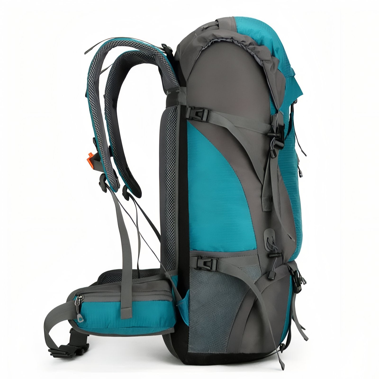 Sac à Dos Rando Avec Protection Pluie 70L gros plan sangle et dos - Turquoise et Noir - Bleu Marine et Gris - Orange et Gris - Noir et Orange