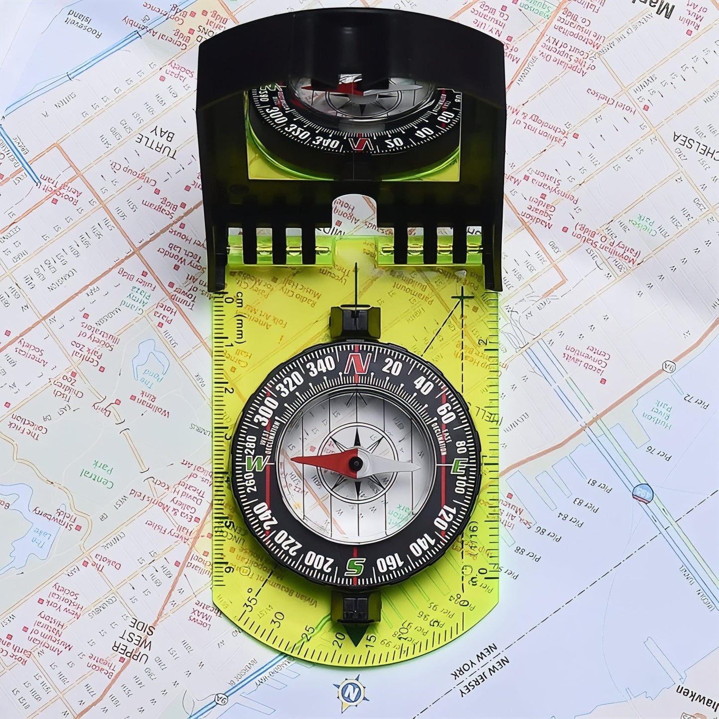 Boussole À Miroir mise en situation sur carte - Jaune Fluo