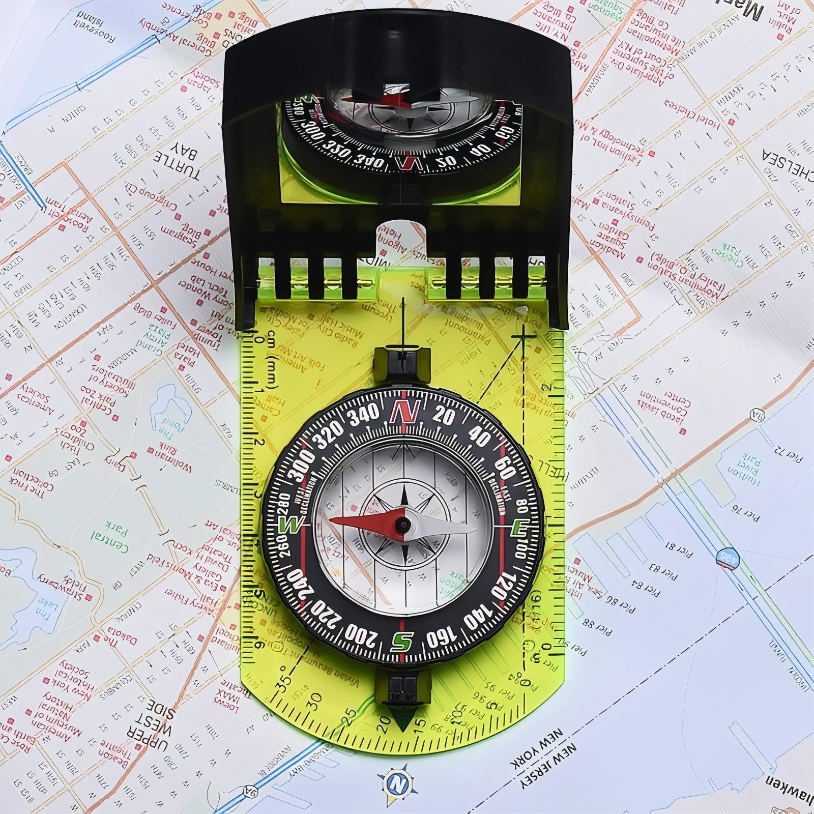 Boussole À Miroir mise en situation sur carte - Jaune Fluo