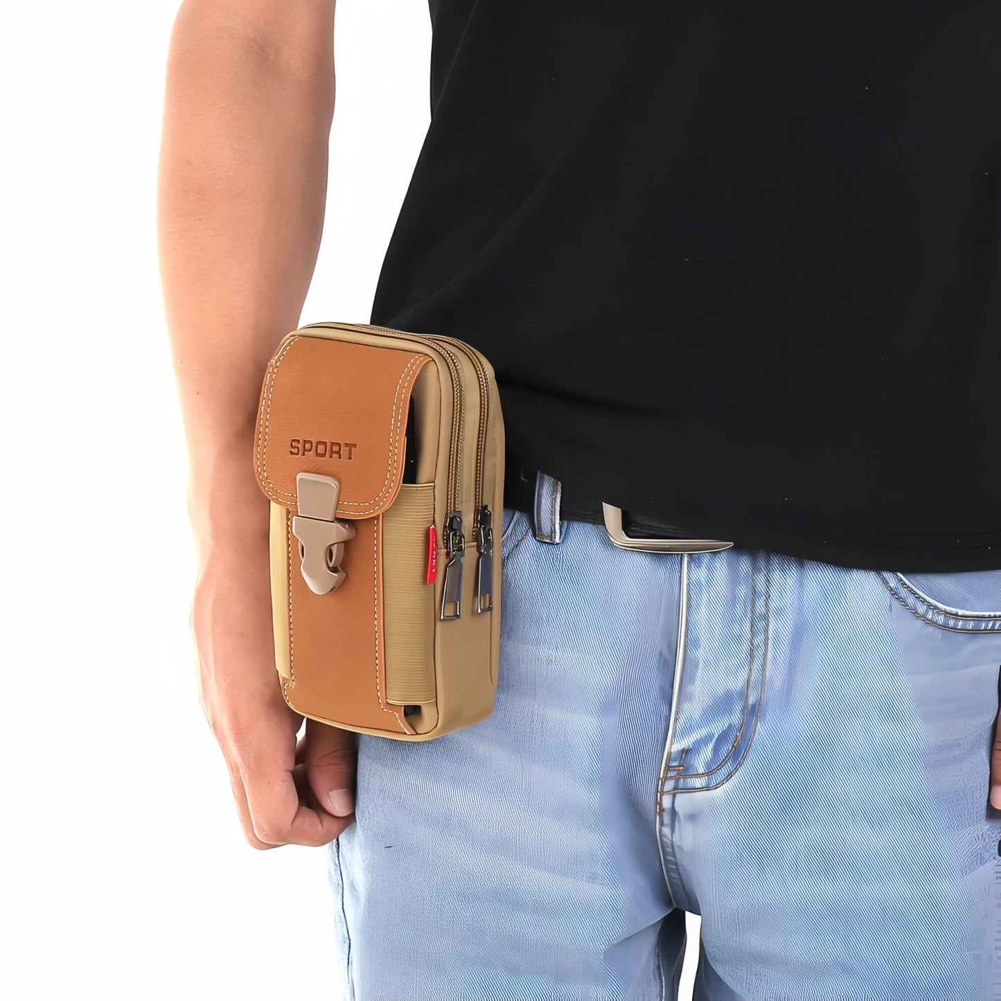 Sacoche Ceinture Randonnée portée à la main - Marron Camel - Noir - Vert Olive