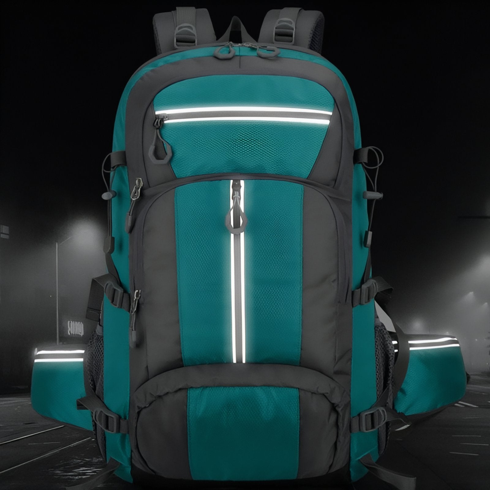 Sac à Dos Randonnée Multi-Poches 55L gros plan détails zips - Turquoise et Gris - Gris Foncé et Noir - Gris Foncé et Bleu Marine - Noir Profond - Orange et Gris