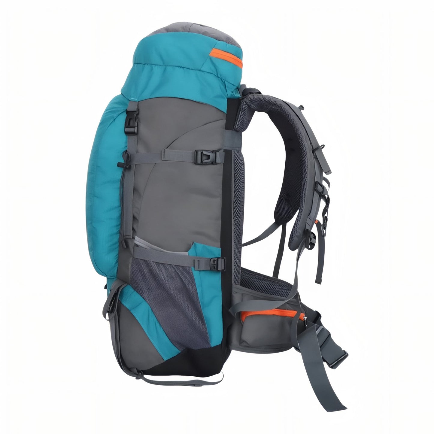 Sac à Dos Grande Randonnée 65L vue latérale - Turquoise - Bleu Marine - Orange - Noir