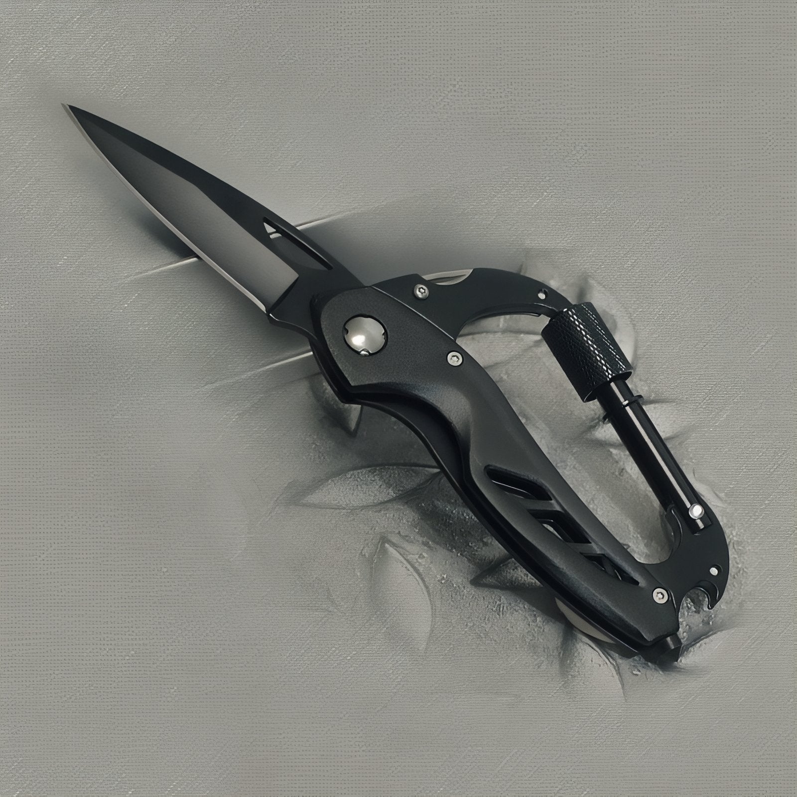 Couteau Mousqueton Multifonction gros plan sur la lame - Noir Mat