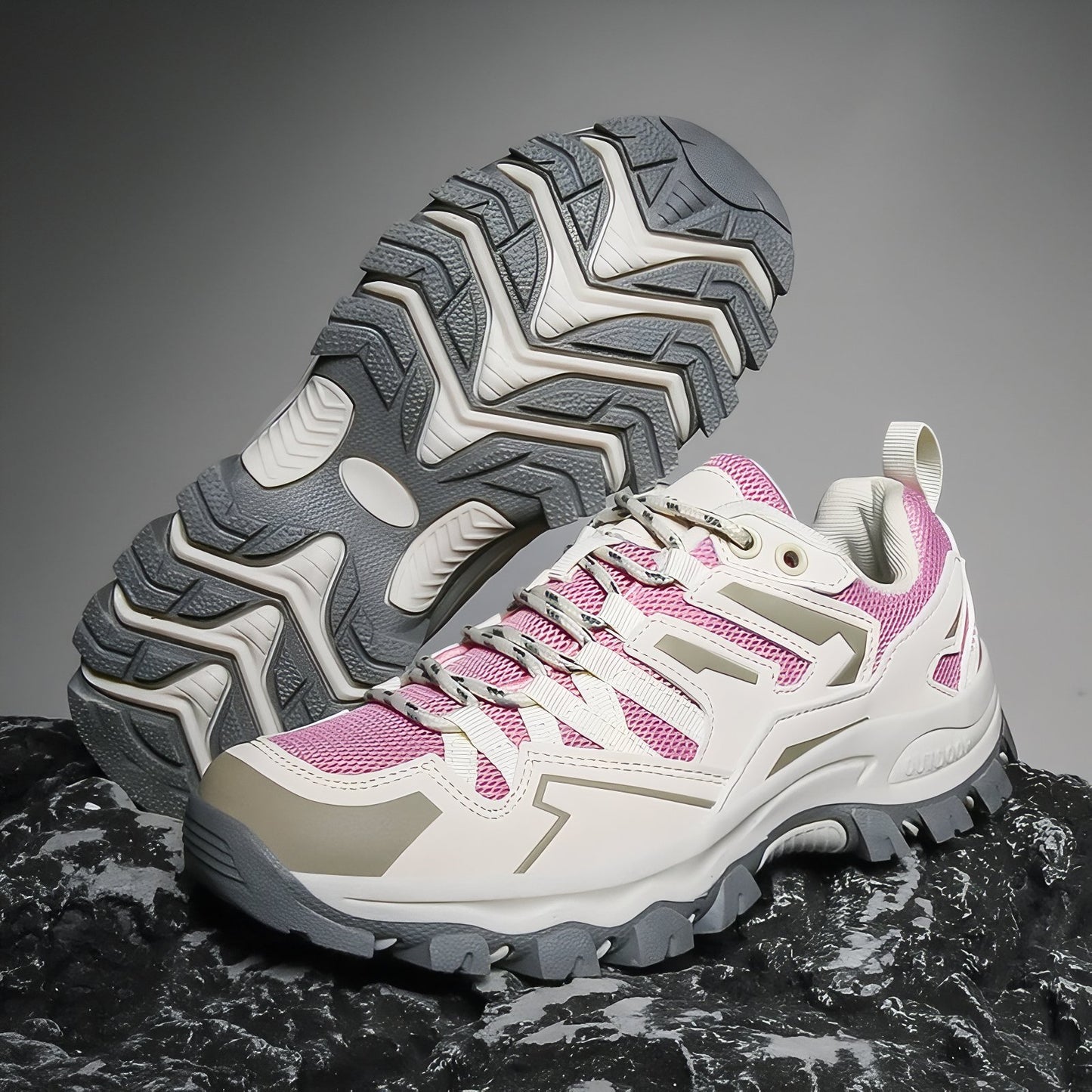 Chaussure Randonnée Femme Basse gros plan semelle - Rose et Gris - Beige et Corail