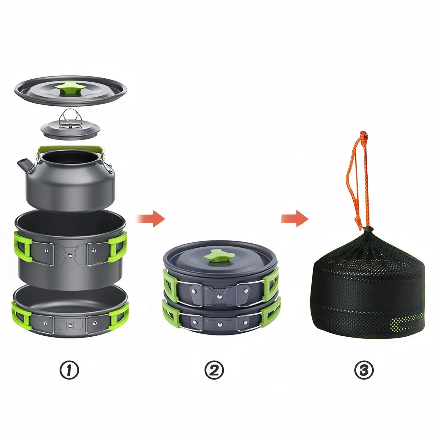 Popote Trek 2 Personnes étapes de rangement - Noir et Orange - Gris et Vert Fluo
