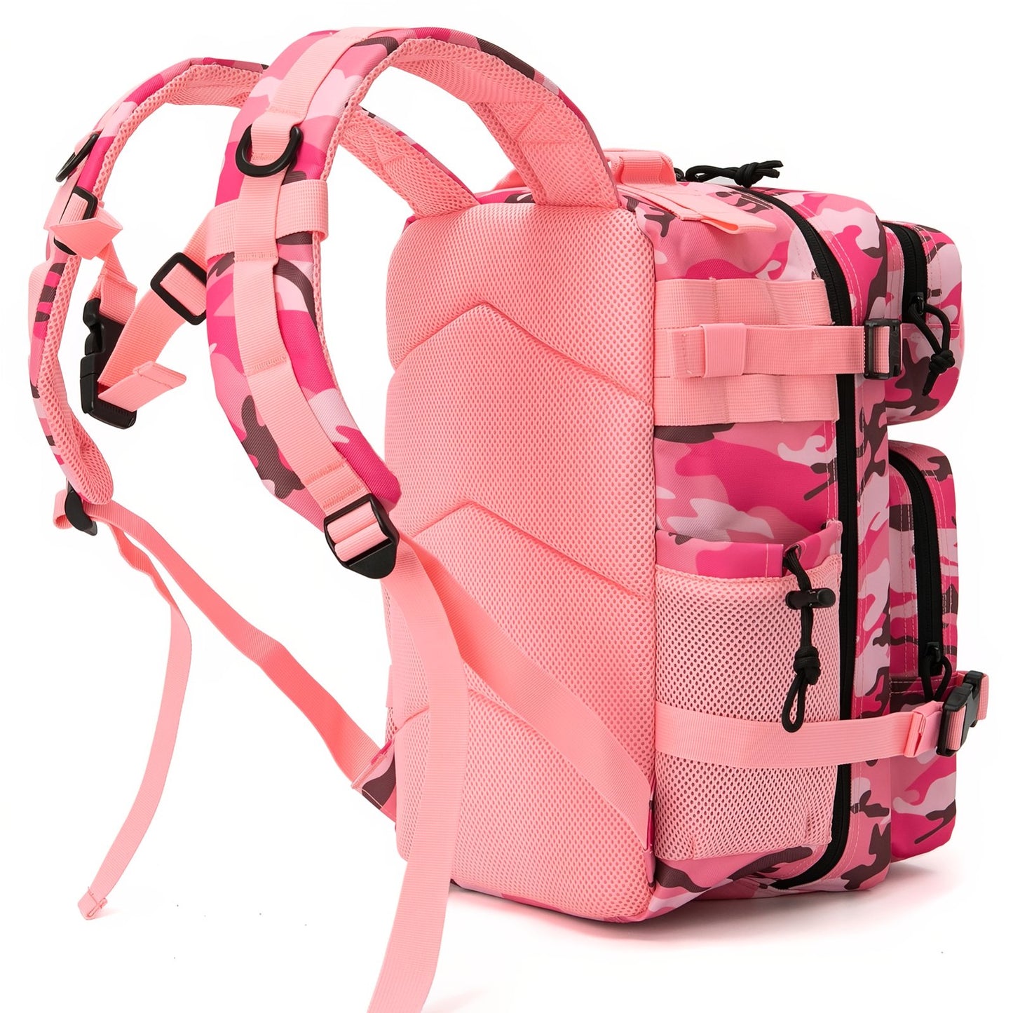 Sac à Dos Camouflage Rose 25L gros plan des bretelles - Rose