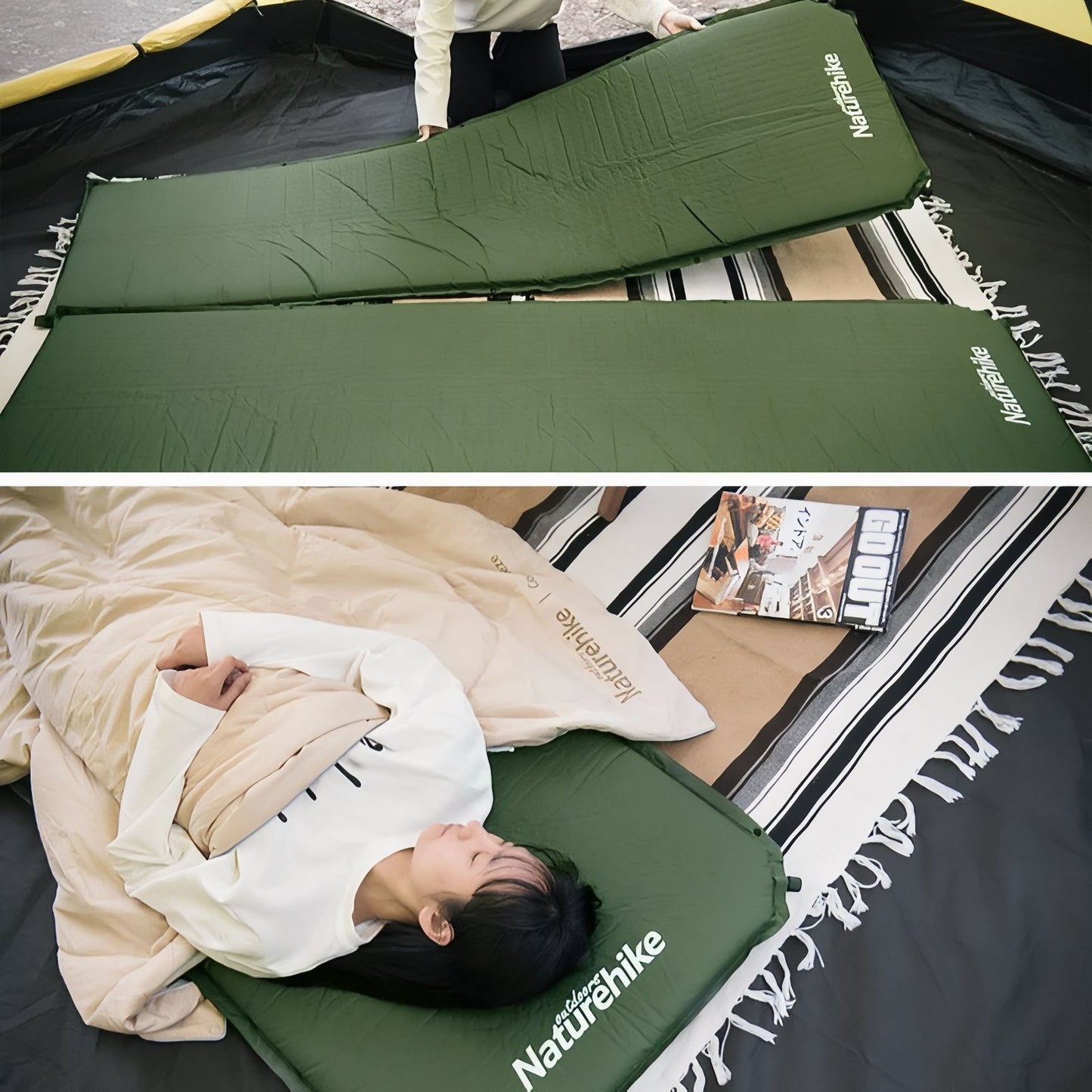 Matelas De Camping Autogonflant 1 Personne mise en situation camping - Vert Foncé - Gris Foncé - Beige Clair