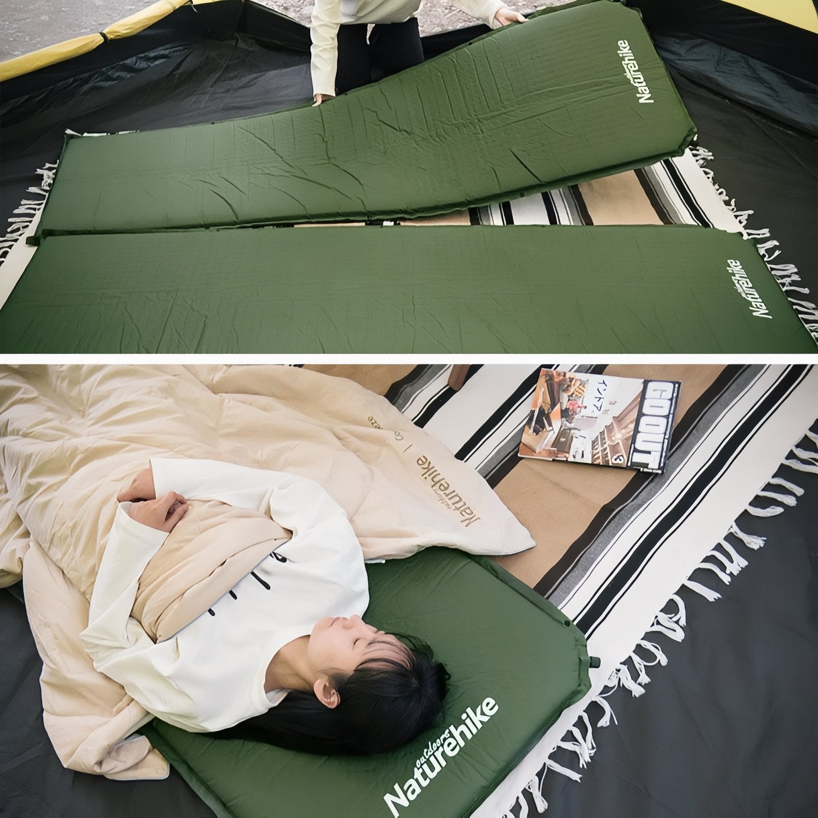 Matelas De Camping Autogonflant 1 Personne mise en situation camping - Vert Foncé - Gris Foncé - Beige Clair
