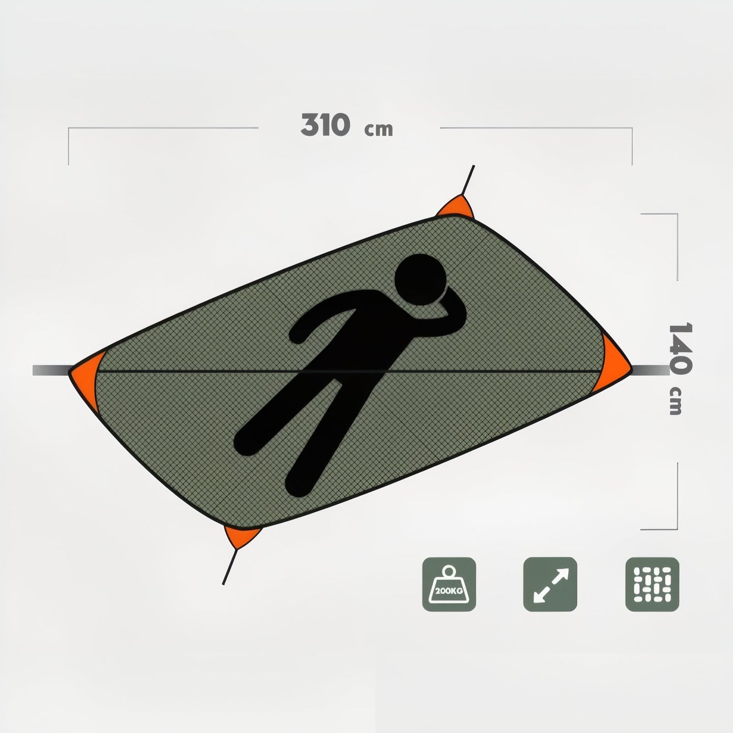Hamac Moustiquaire Randonnée guide des dimensions - Vert Olive et Orange