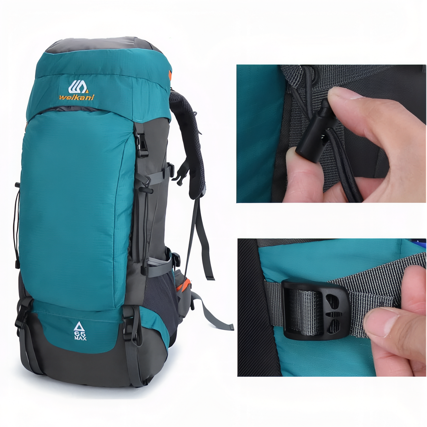Sac à Dos Grande Randonnée 65L gros plan sangle ajustable - Turquoise - Bleu Marine - Orange - Noir