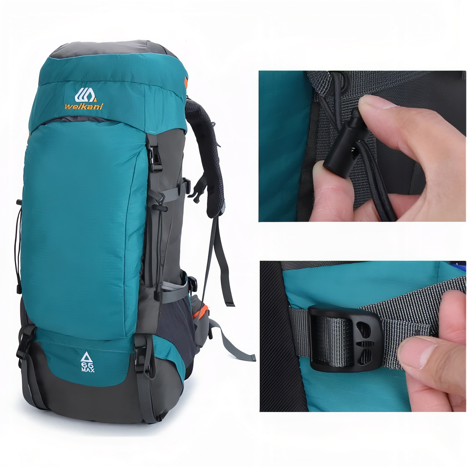 Sac à Dos Grande Randonnée 65L gros plan sangle ajustable - Turquoise - Bleu Marine - Orange - Noir