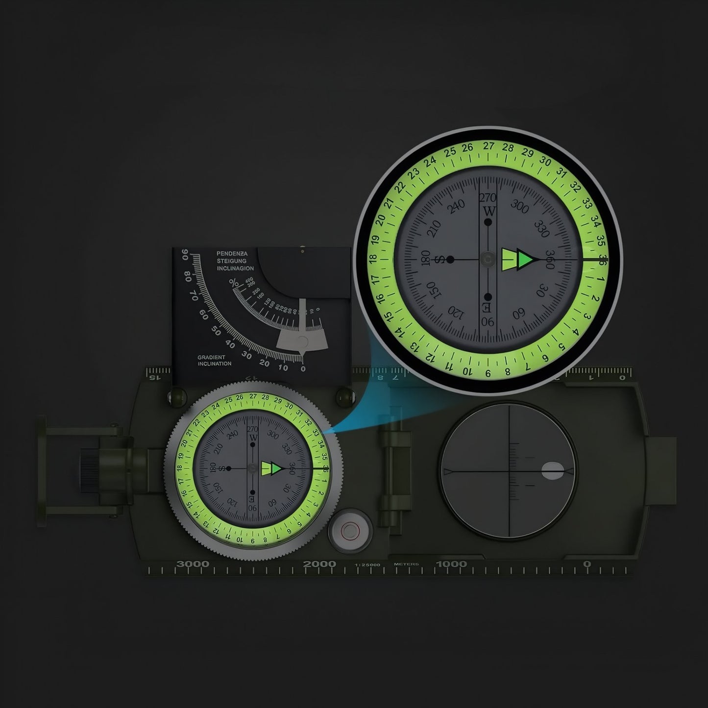 Boussole Multifonction avec Inclinomètre gros plan instruments de mesure - Vert Militaire