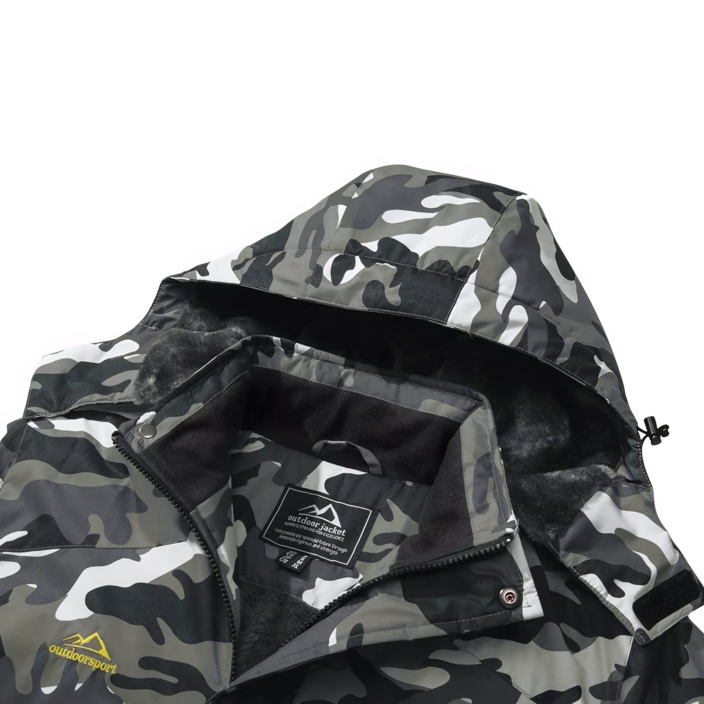 Veste Camouflage Randonnée gros plan intérieur capuche - Vert Foncé - Bleu - Blanc - Noir