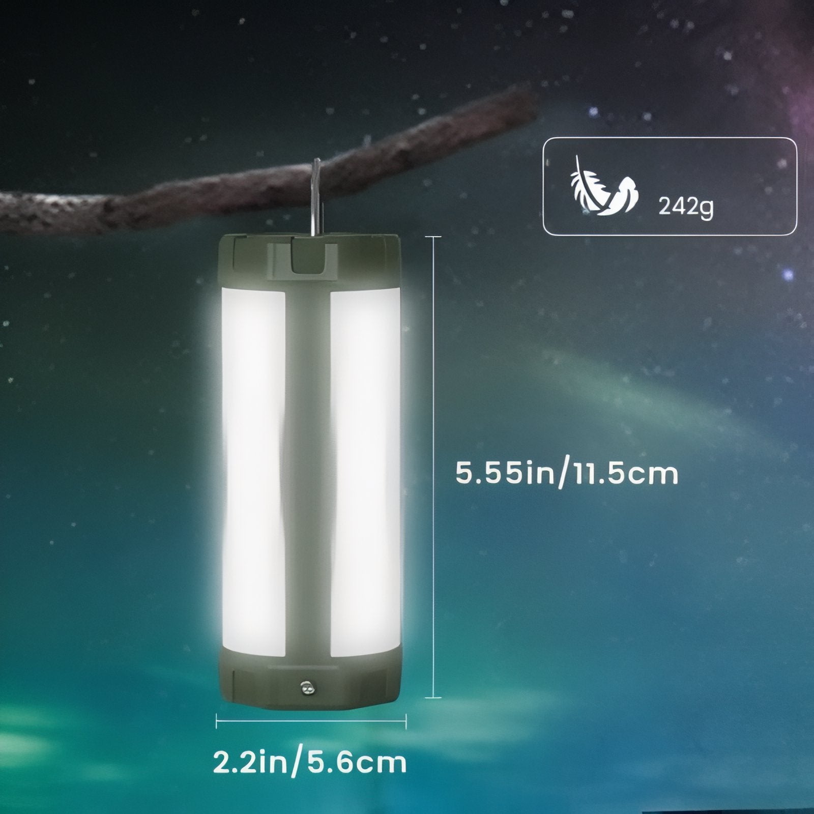 Lanterne Puissante Rechargeable 106 Leds guide des dimensions - Blanc et Vert Olive
