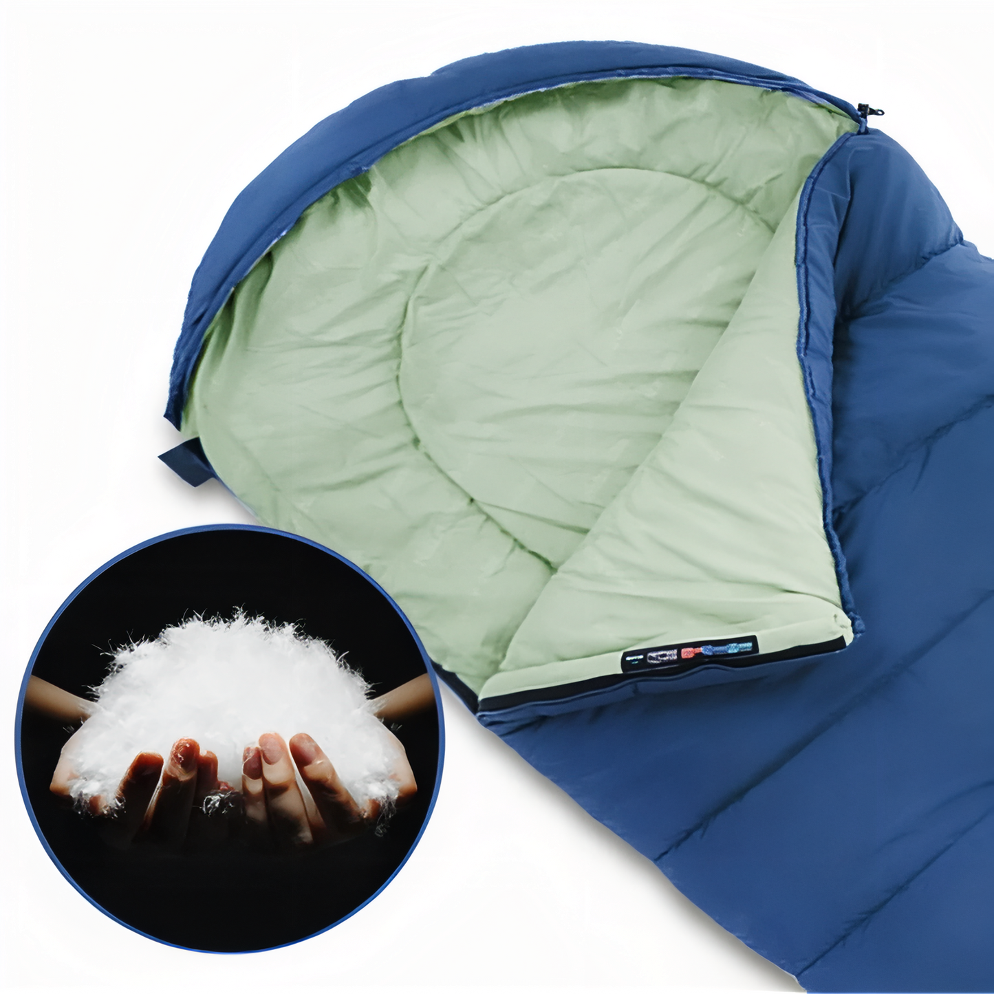 Sac De Couchage 4 Saisons Bleu gros plan intérieur - Bleu Marine et Vert Clair