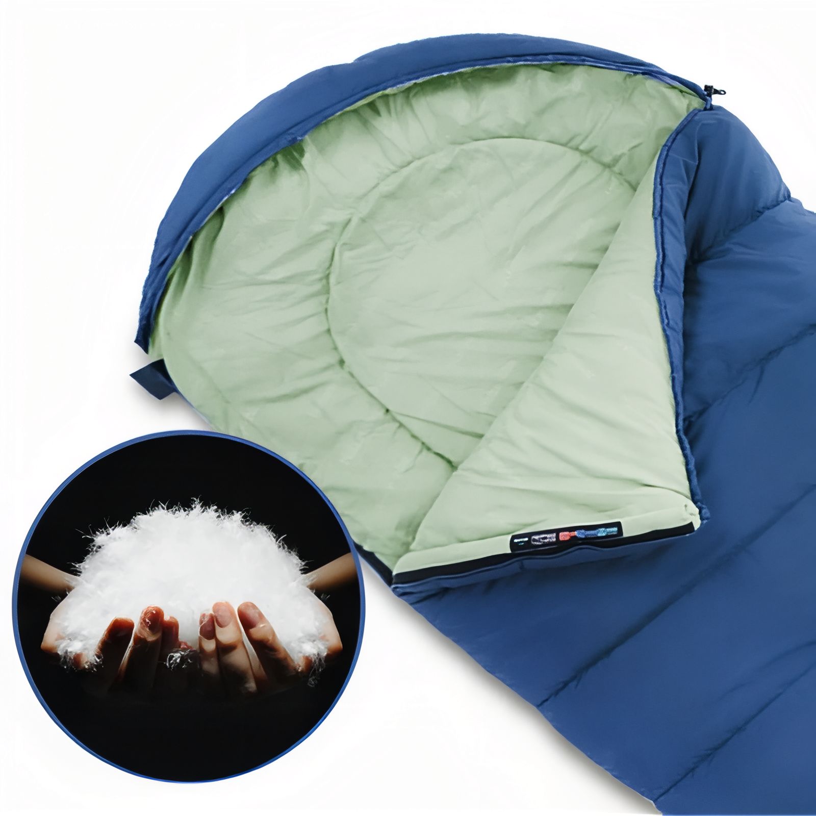 Sac De Couchage 4 Saisons Bleu gros plan intérieur - Bleu Marine et Vert Clair