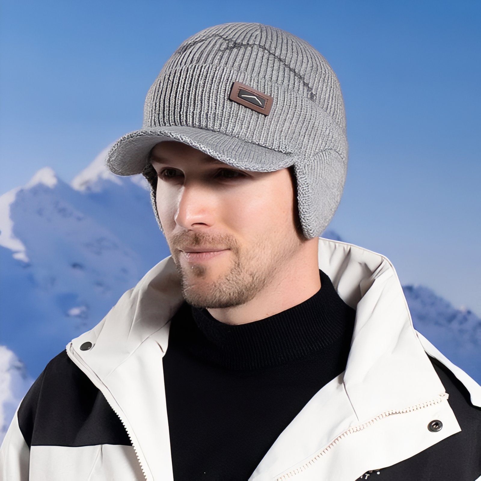 Bonnet Casquette Hiver Homme portée sur la tête - Gris Clair - Noir Ébène - Marron Clair - Bleu Marine - Beige Clair - Gris Foncé