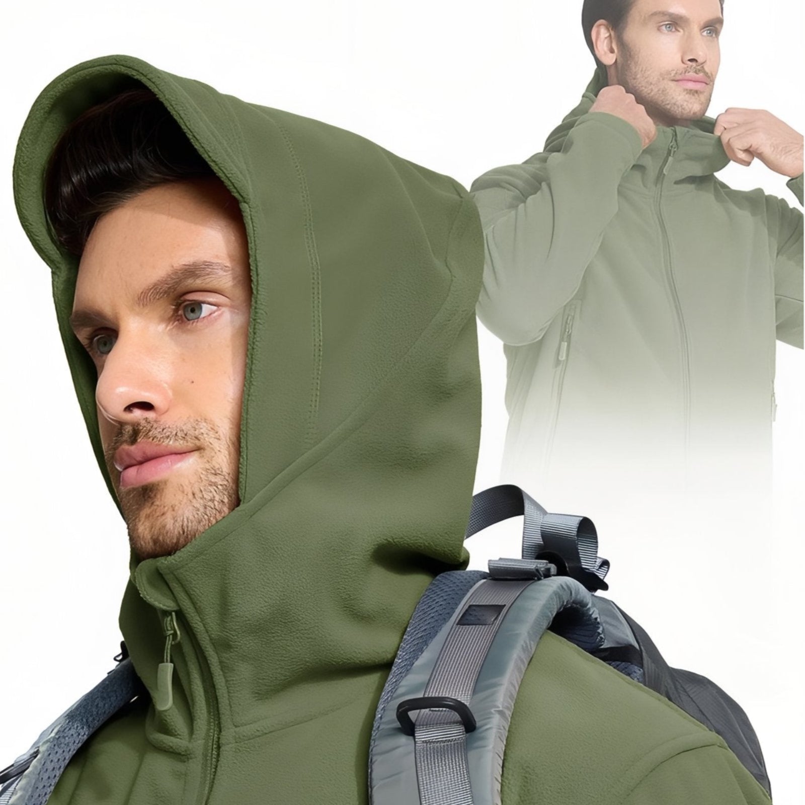 Veste Polaire Randonnée Homme portée avec sac à dos - Vert Olive - Gris - Bleu Marine - Noir