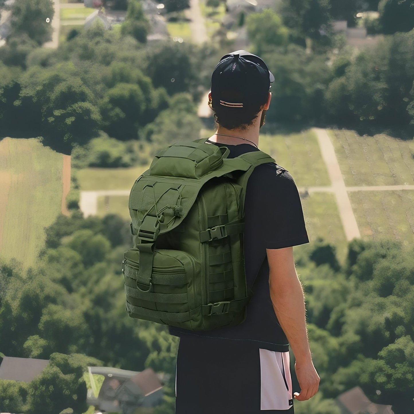 Sac à Dos Militaire 40 Litres portée sur le dos - Vert Olive - Beige Sable - Noir - Gris