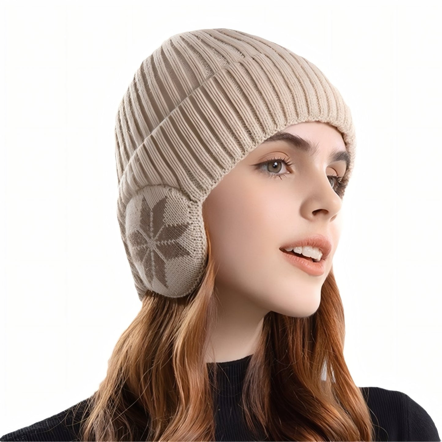 Bonnet Cache Oreille Femme portée sur la tête - Beige - Bleu Marine - Gris - Marron - Noir