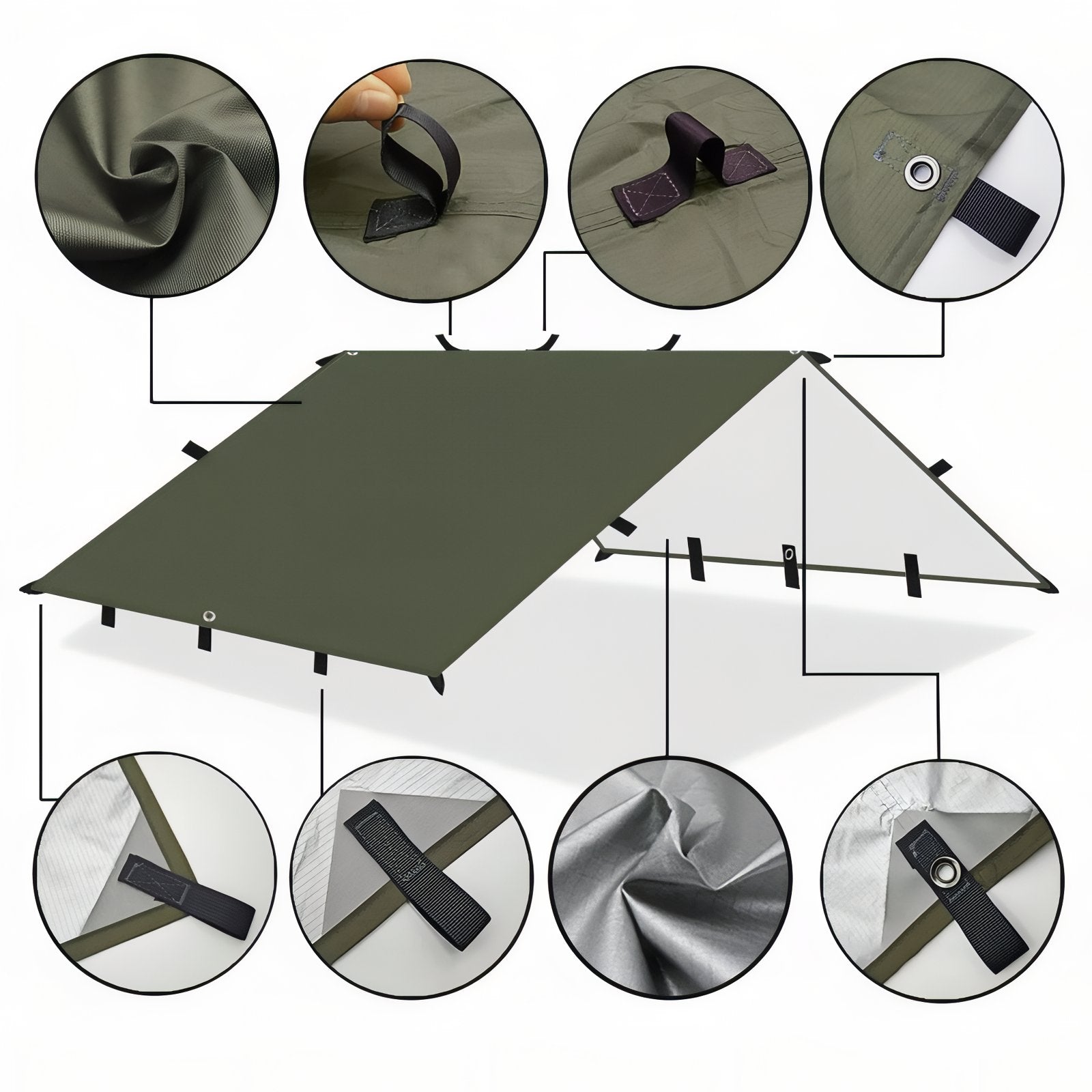 Bâche de Randonnée détails des fixations - Vert Militaire - Vert - Noir - Beige
