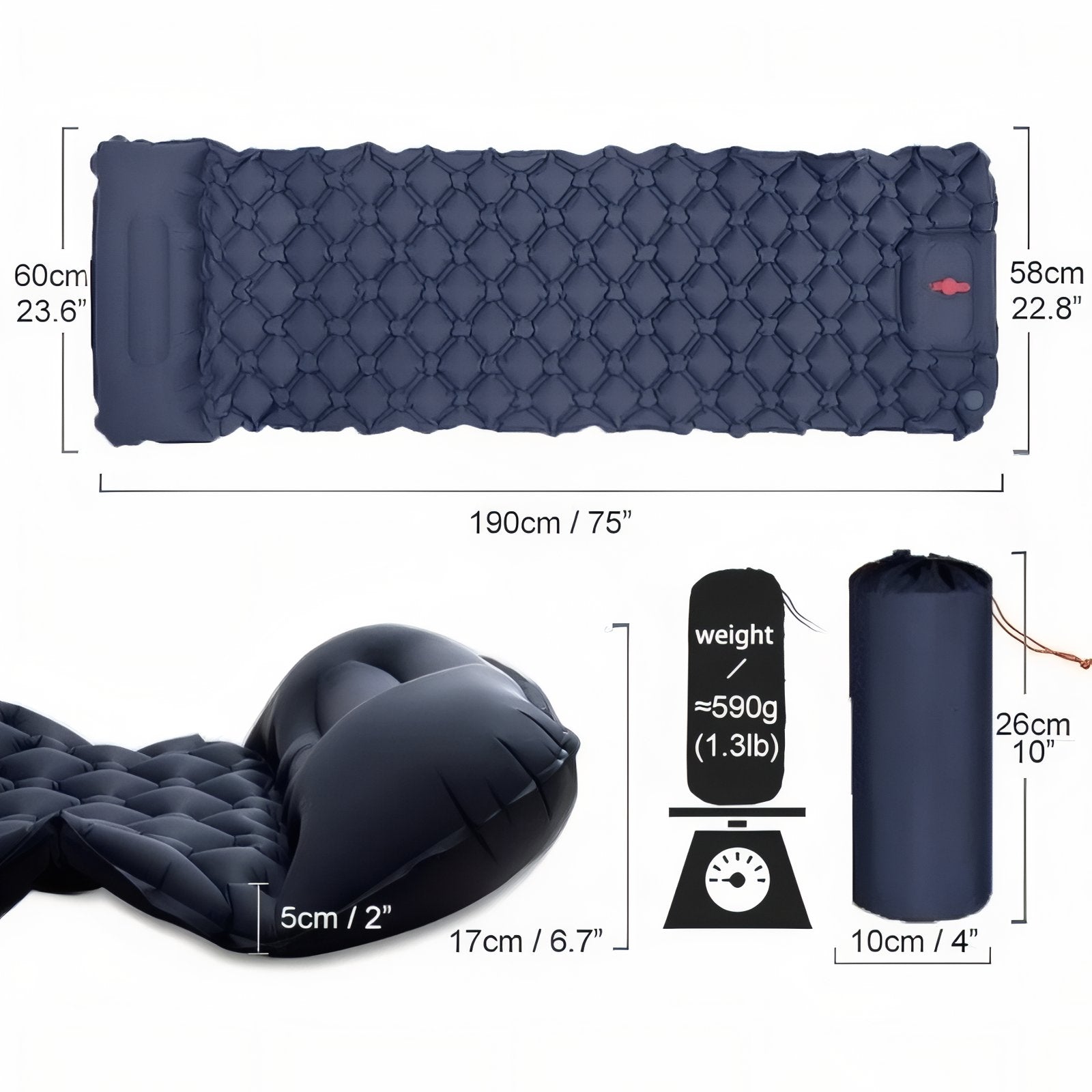 Matelas Gonflable Avec Coussin 1 Personne guide des dimensions - Bleu Nuit - Orange Fluo - Bleu - Gris - Gris Camouflage