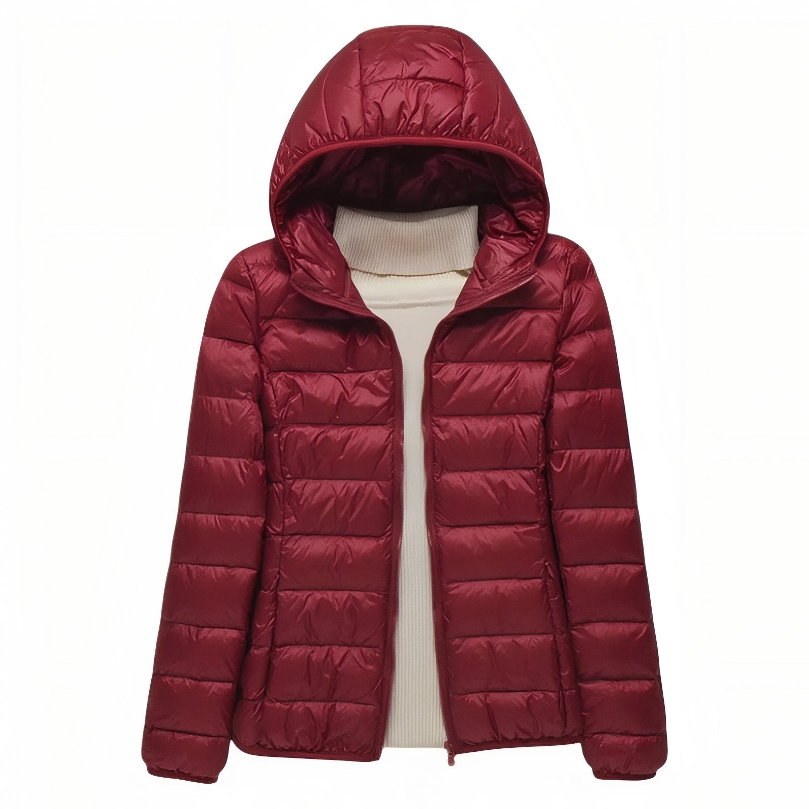 Doudoune Randonnée Compressible Femme vue avant avec capuche - Bordeaux