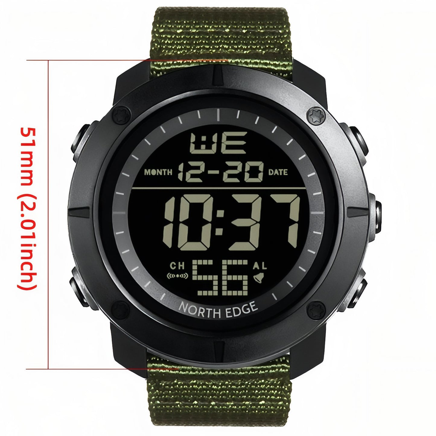 Montre Homme Randonnée guide des dimensions - Noir Mat - Noir et Vert Olive