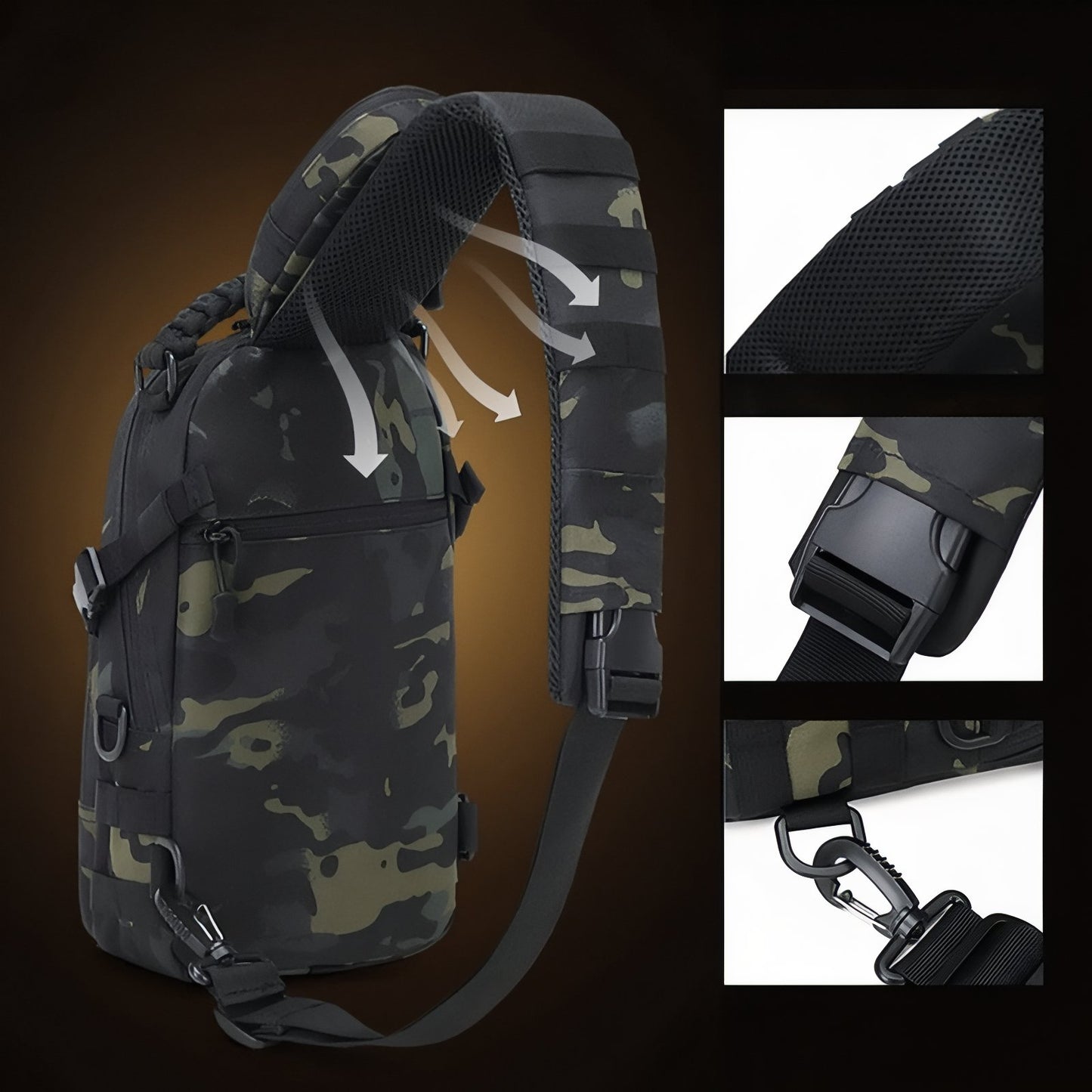 Sac Bandoulière Homme Pour Randonnée gros plan sangle ajustable - Beige Sable - Noir Camouflage - Noir