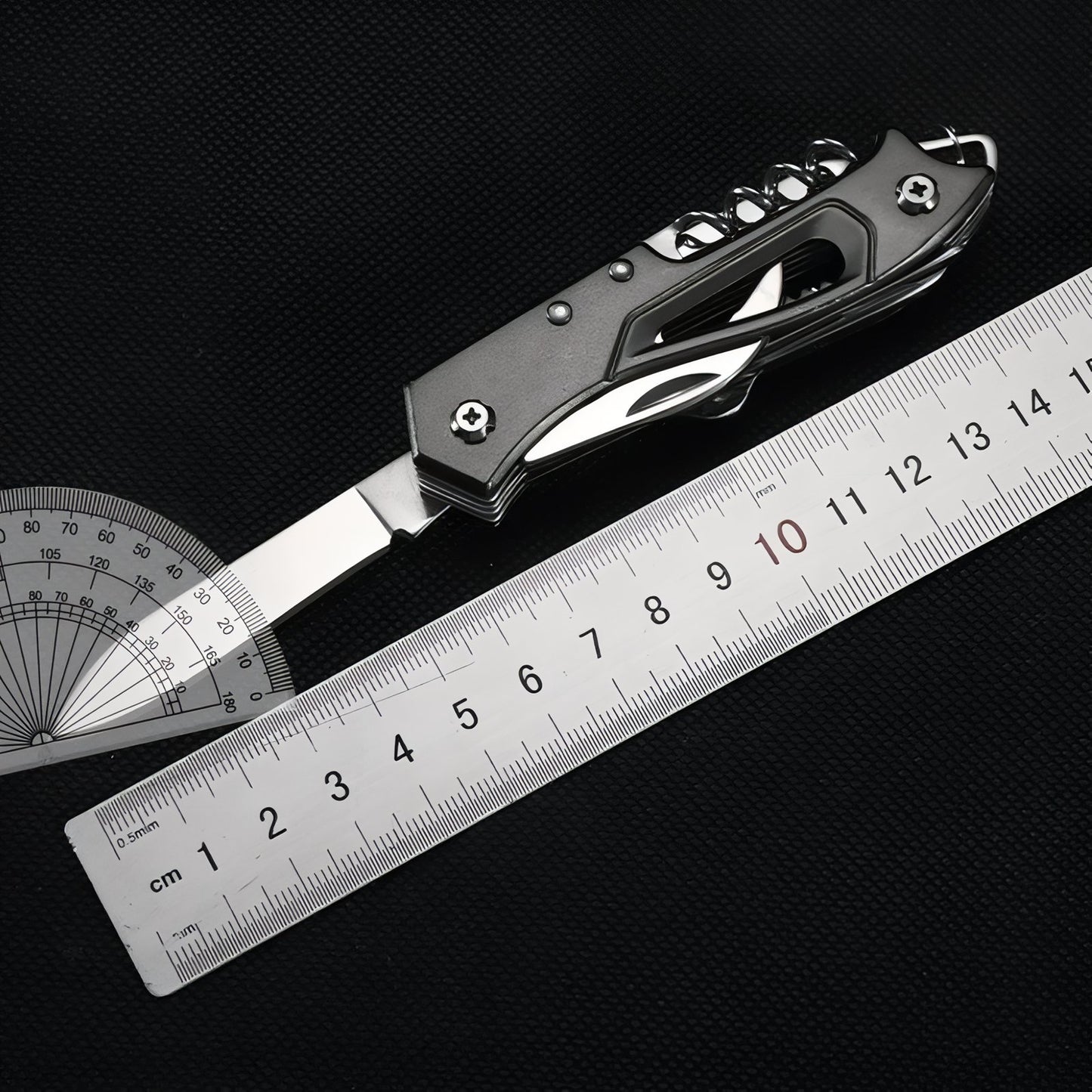 Couteau De Poche Multifonction gros plan règle et outil - Noir
