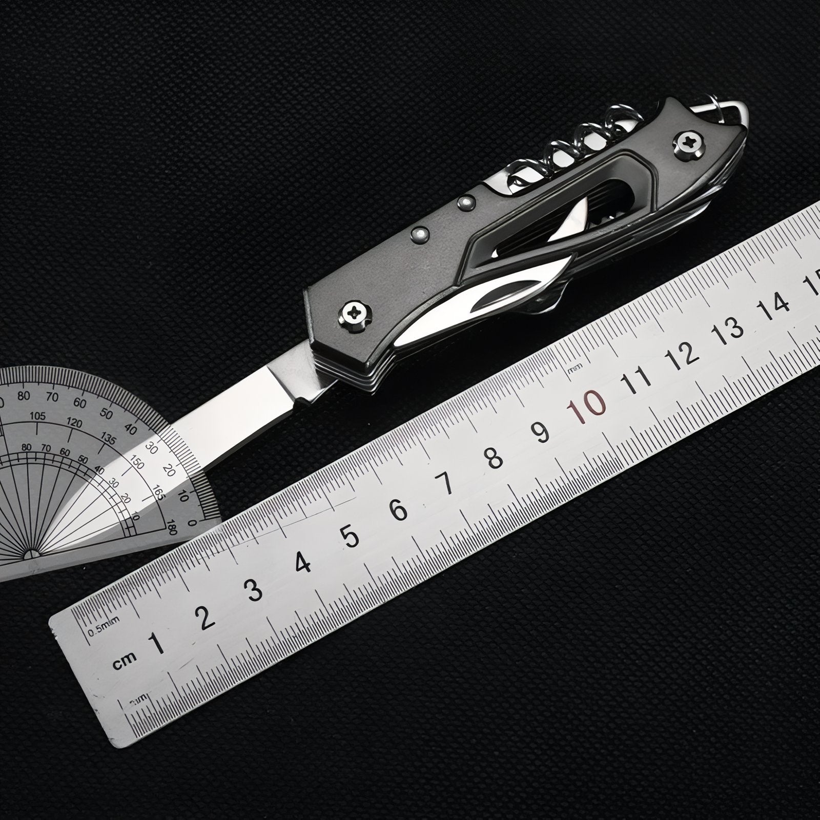 Couteau De Poche Multifonction gros plan règle et outil - Noir