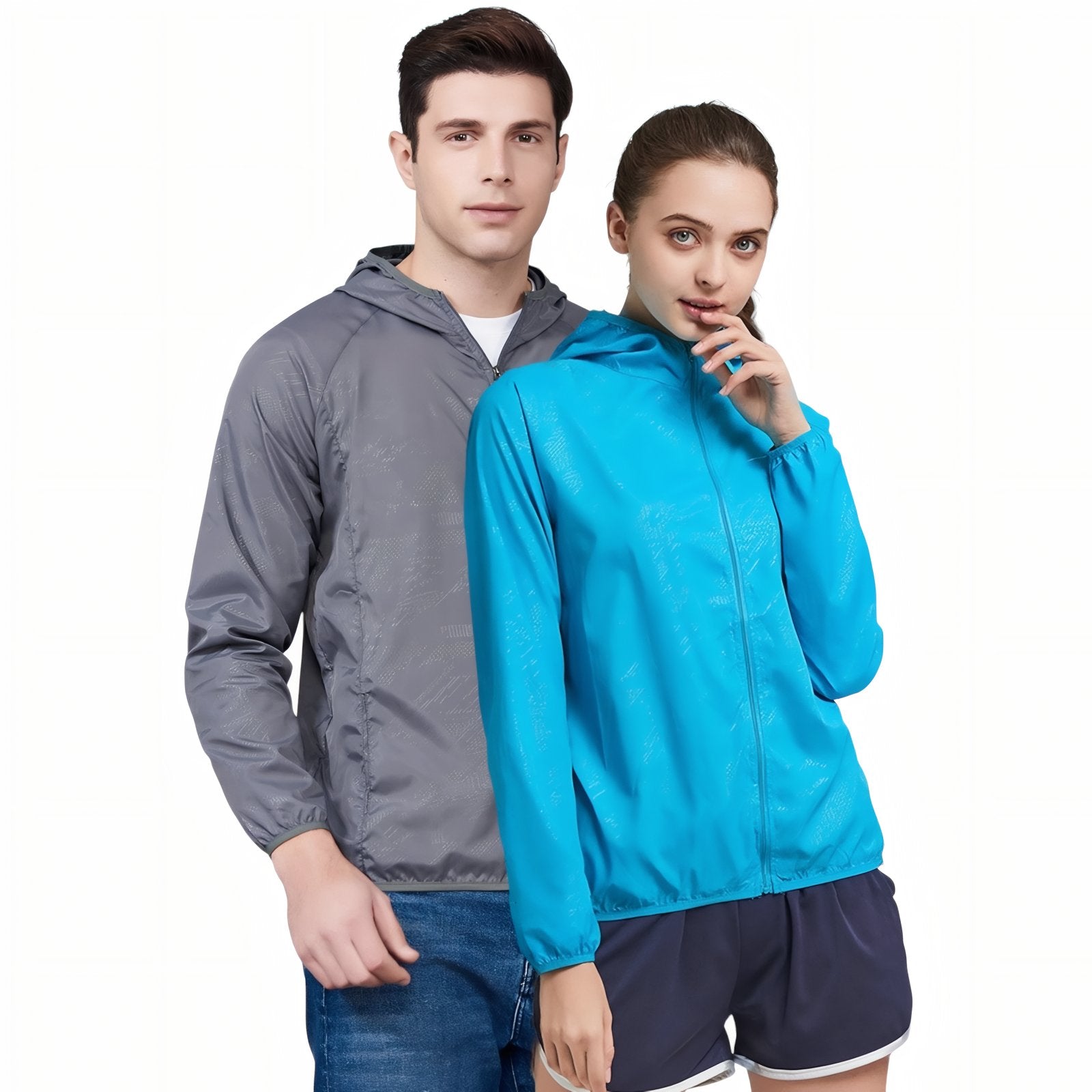Veste Imperméable Ultra Légère deux modèles portés - Noir - Gris Foncé - Rouge - Jaune Fluo - Orange - Rose Pâle - Rose Fluo - Bleu - Bleu Ciel - Blanc - Jaune