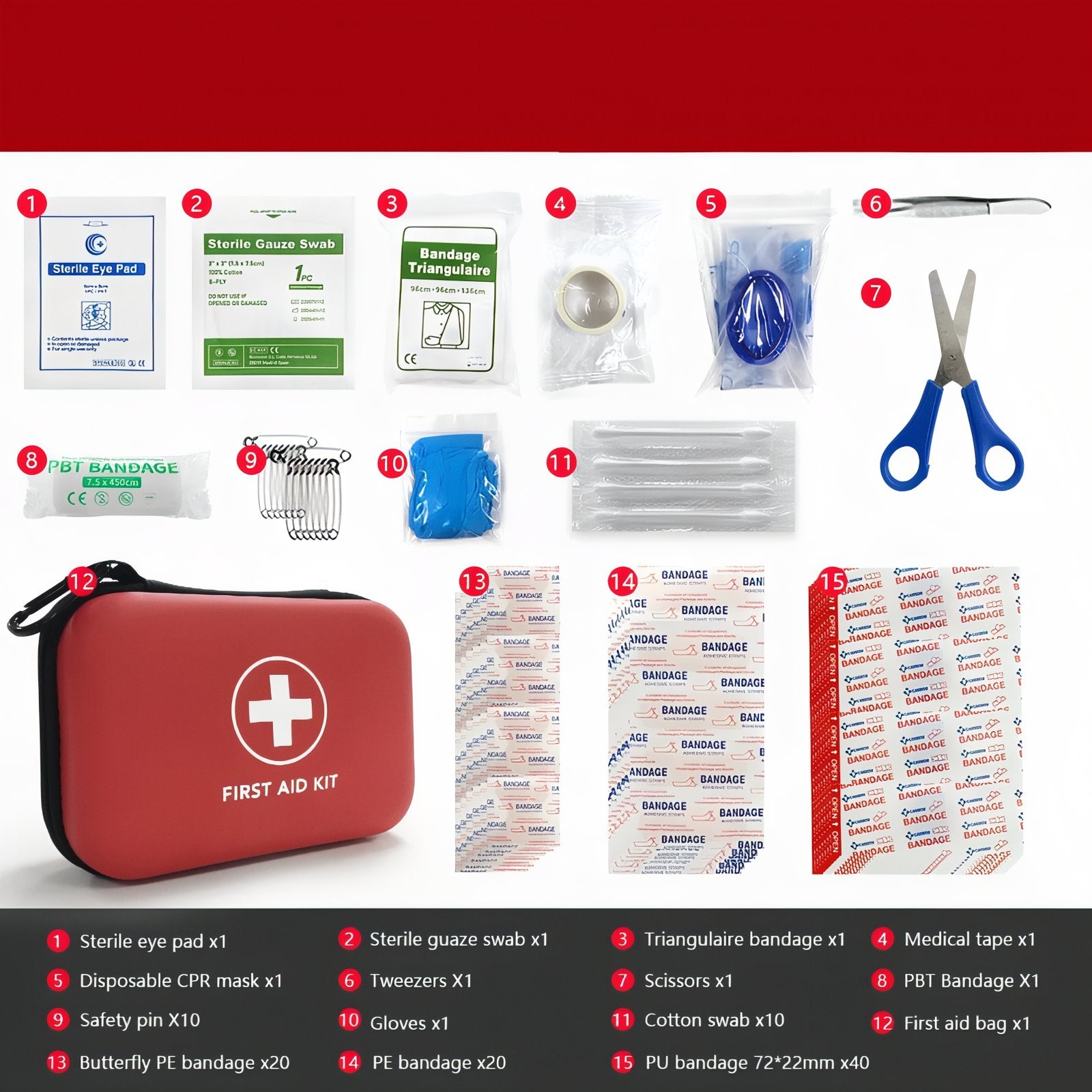 Trousse De Premier Secours Randonnée 92pcs nombre d'articles visibles - Rouge Cerise - Noir et Rouge