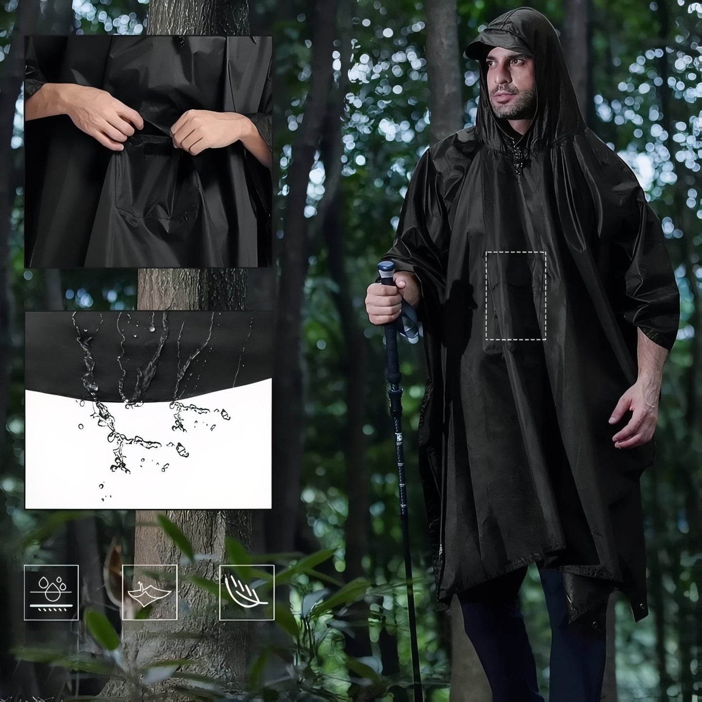 Poncho Pluie Randonnée gros plan poche ouverte - Noir - Noir (avec poche du milieu) - Vert Olive (avec poche du milieu) - Vert Olive