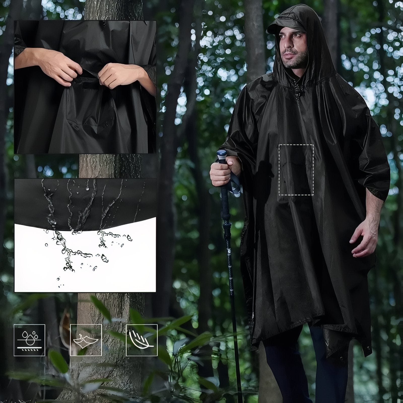 Poncho Pluie Randonnée gros plan poche ouverte - Noir - Noir (avec poche du milieu) - Vert Olive (avec poche du milieu) - Vert Olive