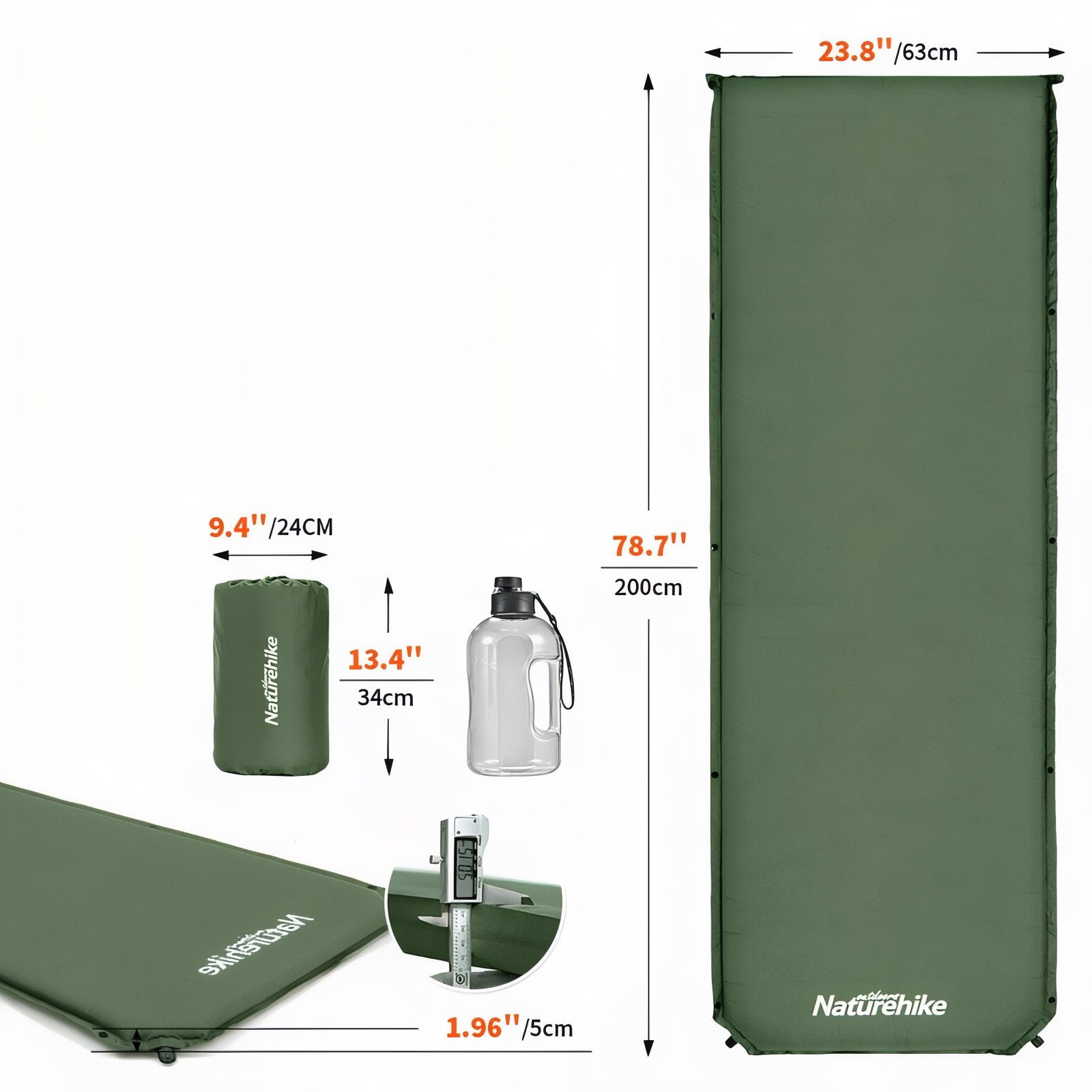 Matelas De Camping Autogonflant 1 Personne guide des dimensions - Vert Foncé - Gris Foncé - Beige Clair