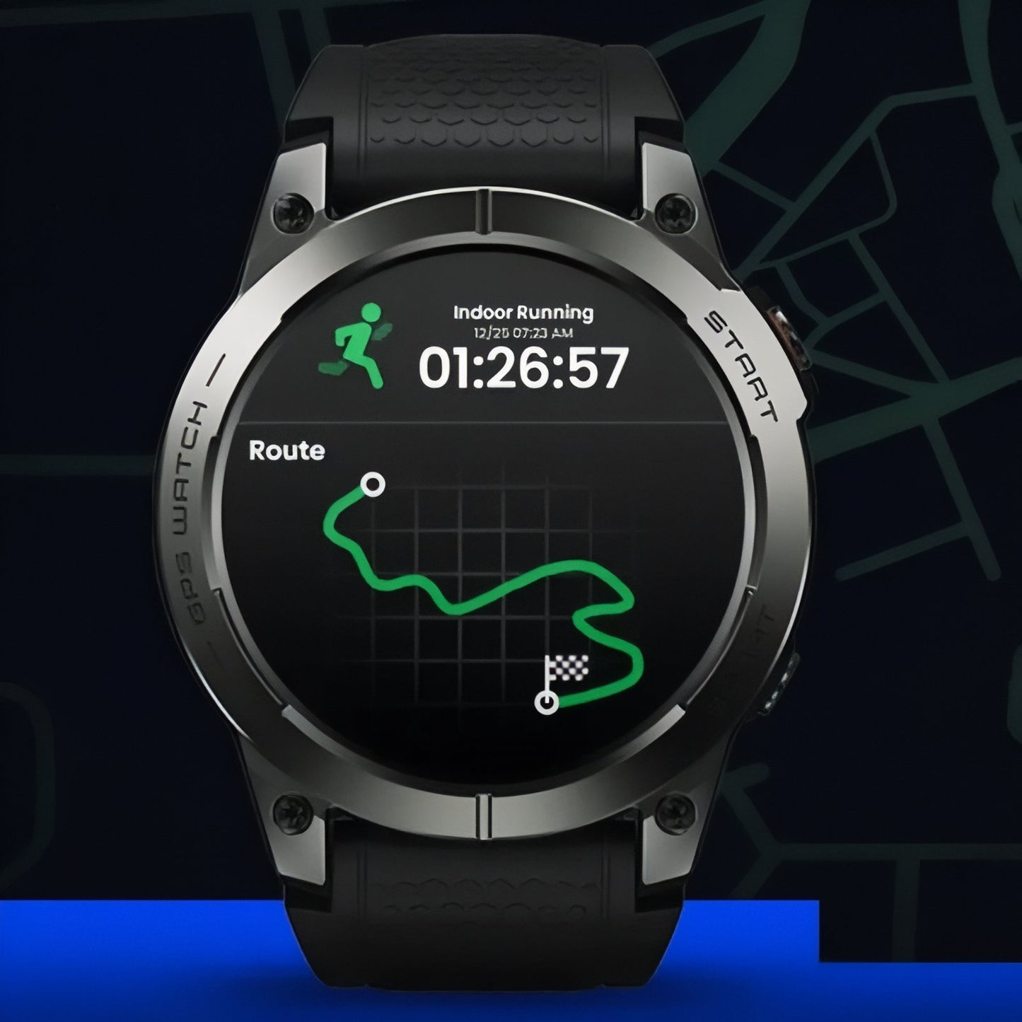 Montre Connectée GPS Randonnée gros plan écran montre - Noir et Vert - Bleu Marine