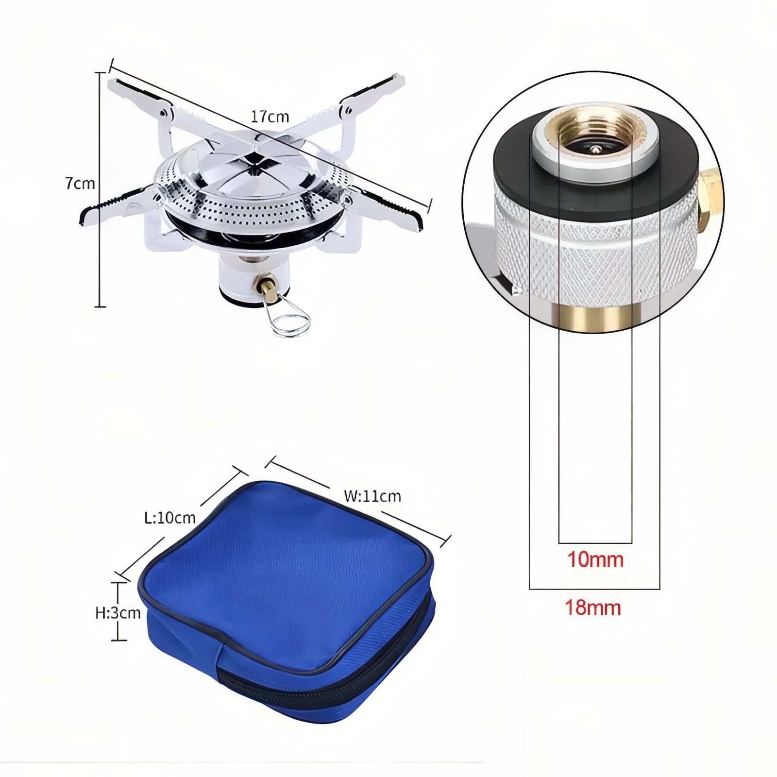 Réchaud Anti-Vent guide des dimensions - Bleu et Argent