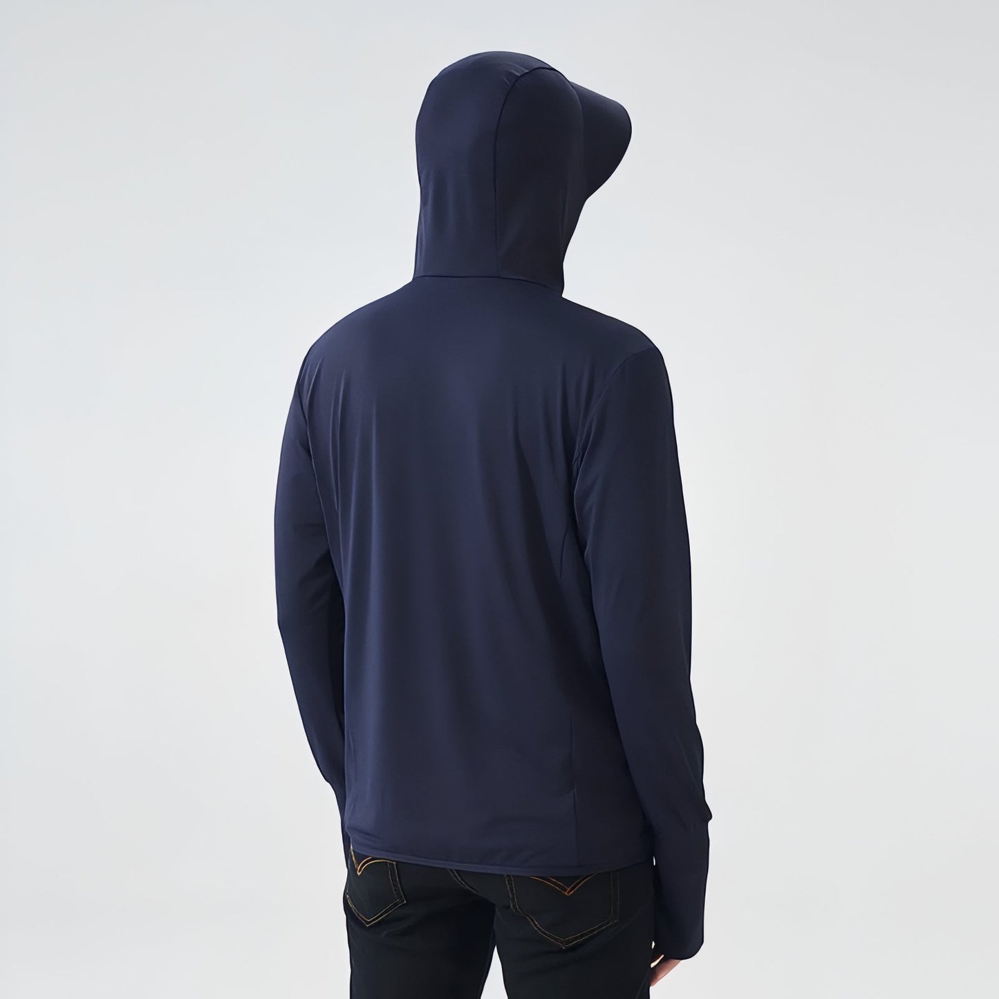 Veste Anti-UV Homme UPF 50+ vue arrière portée - Blanc Pur - Bleu Marine - Gris Clair