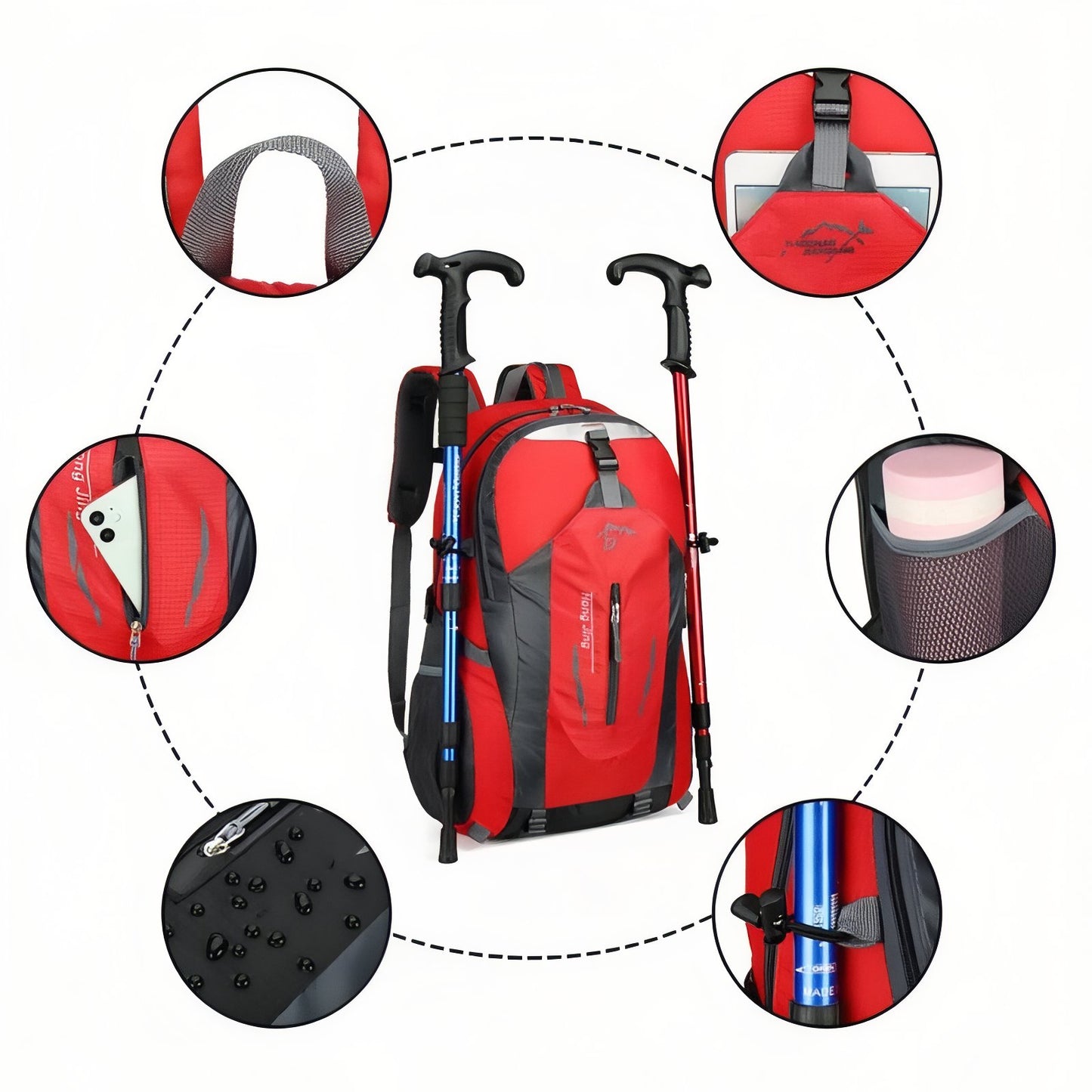 Sac Pratique Pour Randonnée 35L détails des compartiments - Rouge - Vert Fluo - Orange - Noir