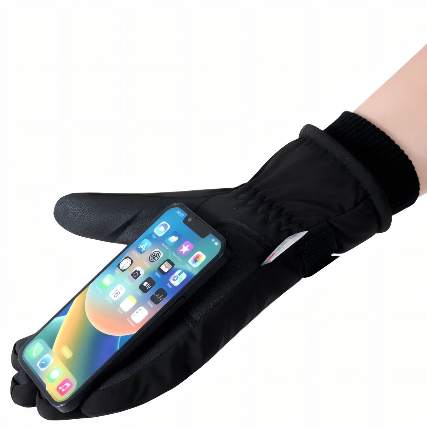 Gants Randonnée Grand Froid portée avec téléphone - Noir avec Poche - Blanc avec Poche - Noir