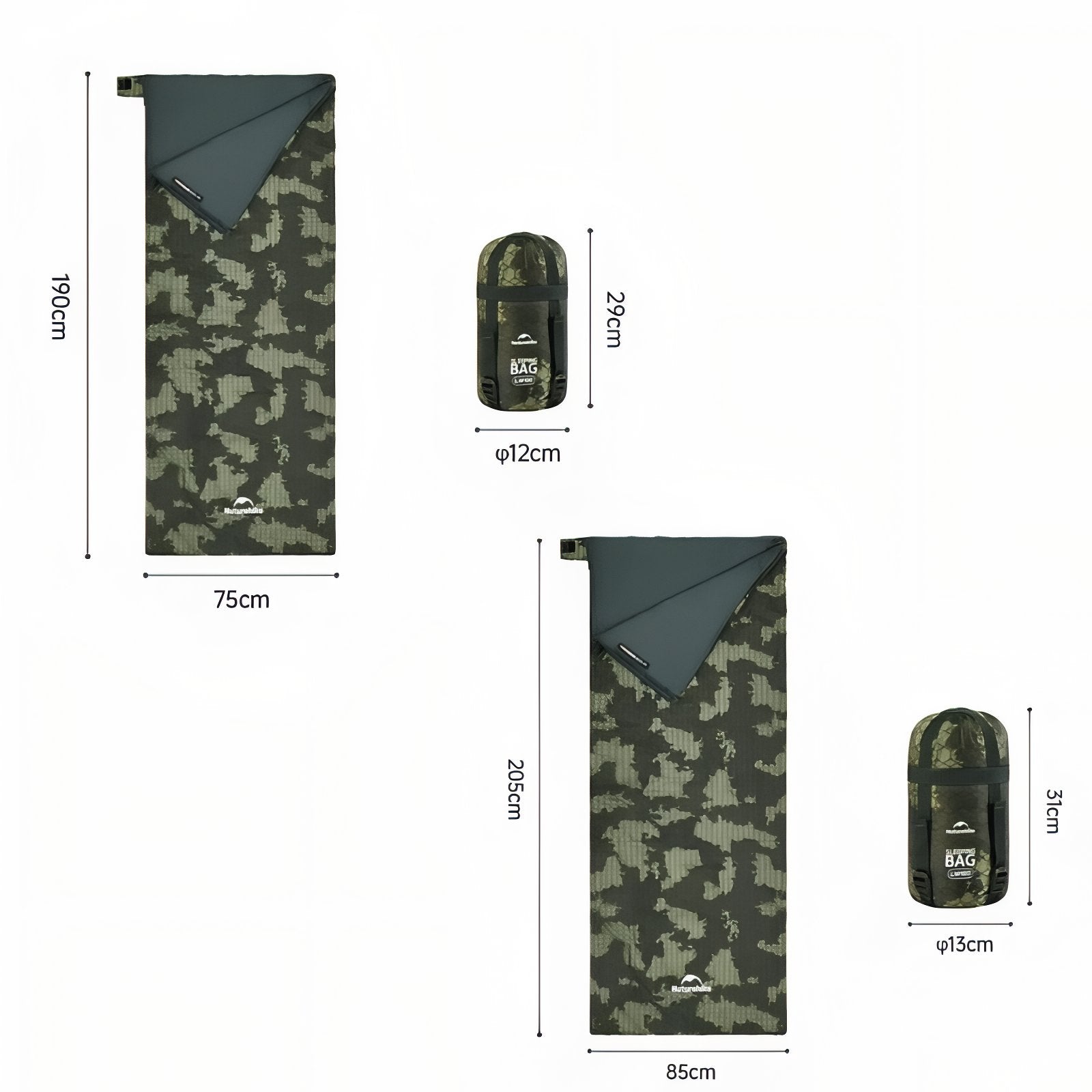 Sac De Couchage Camouflage Ultra Léger guide des dimensions - 190x75cm - 480g - 205x85cm - 560g